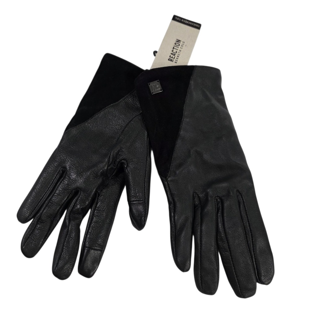 NWT Kenneth Cole Reaction‎ Mixed Media Gloves Womens Black M Leather Lined